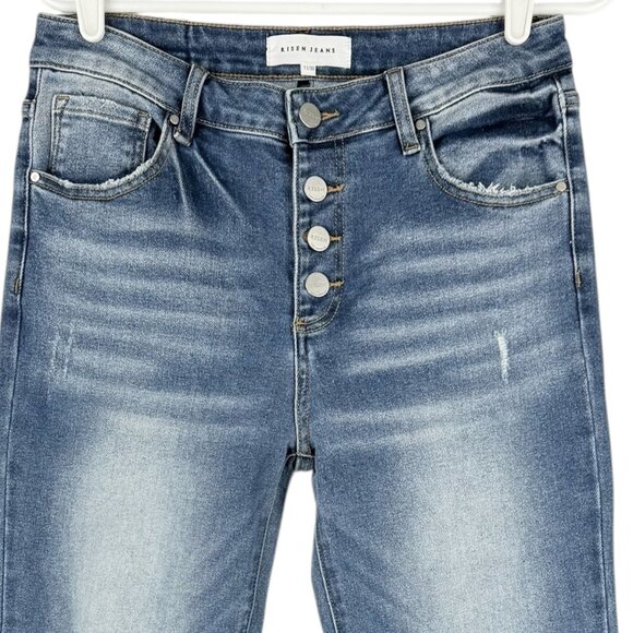 Risen Jeans Womens Distressed Stretch Button-Fly Wide Leg Blue Denim Jeans 11/30 - Picture 3 of 10